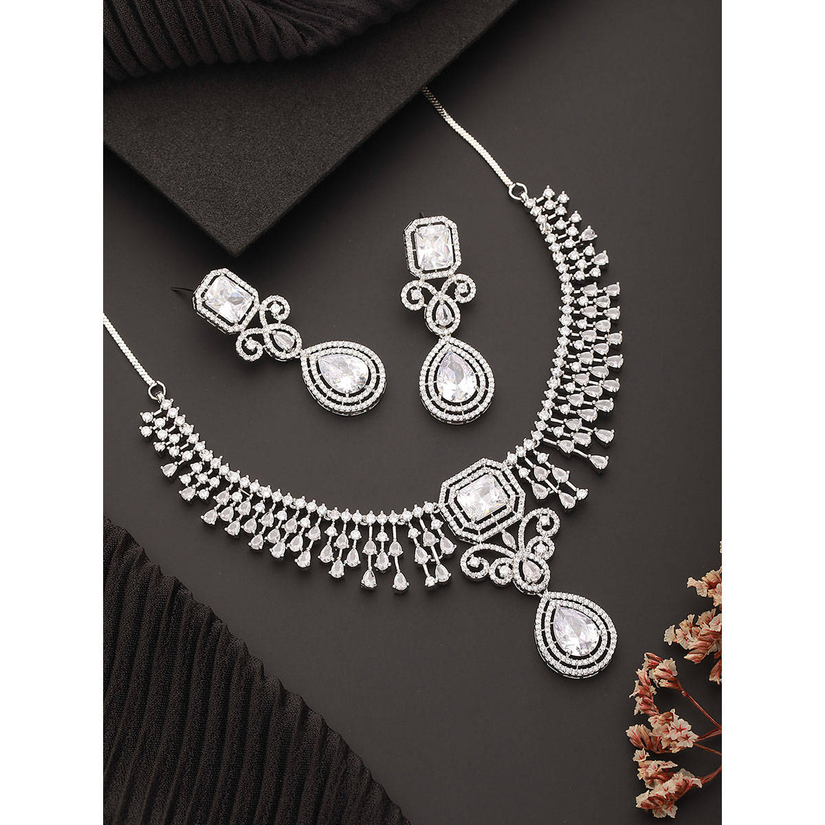 Aatmana Rhodium-Plated American Diamond Studded Handcrafted Jewellery Set · Adjustable