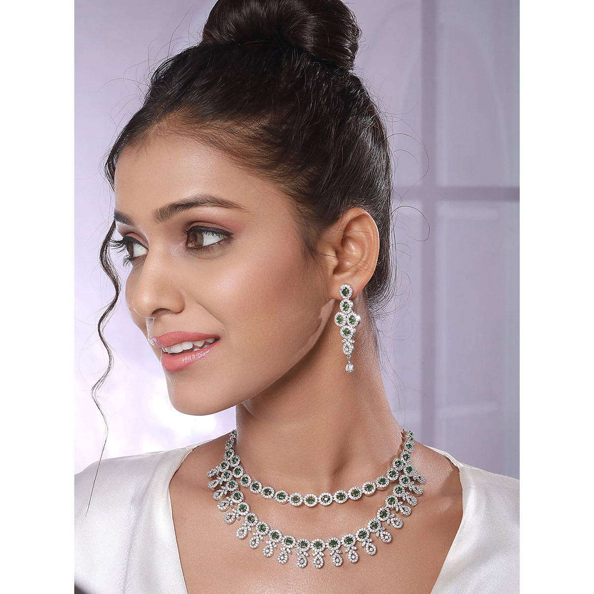 Aatmana Rhodium-Plated Green American Diamond Studded Handcrafted Jewellery Set
