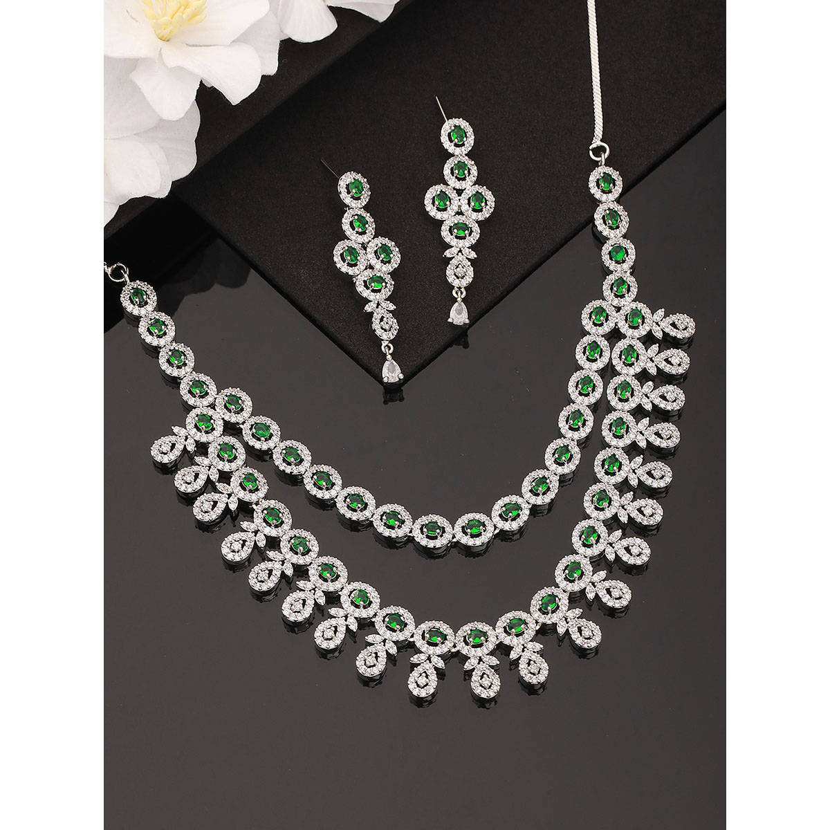 Aatmana Rhodium-Plated Green American Diamond Studded Handcrafted Jewellery Set