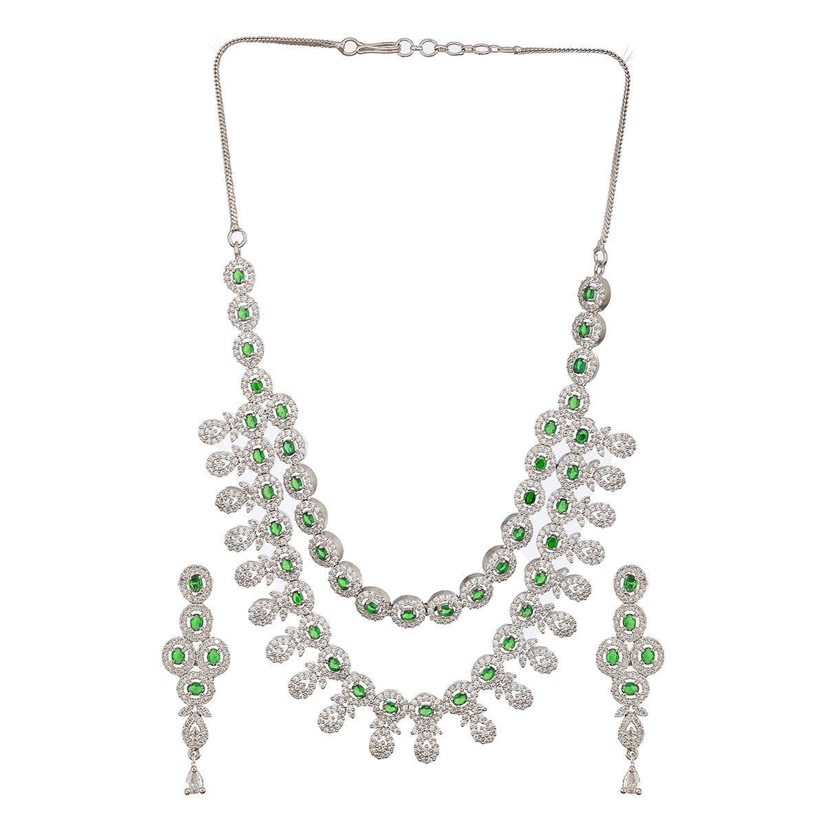 Aatmana Rhodium-Plated Green American Diamond Studded Handcrafted Jewellery Set