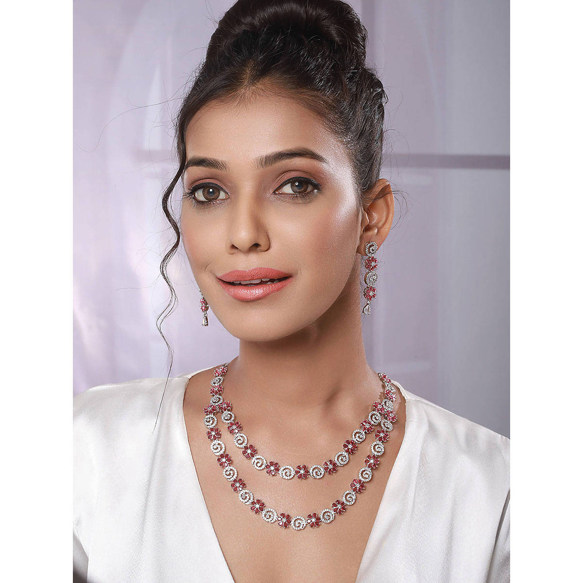 Aatmana Rhodium-Plated American Diamond Studded and Stone Beaded Layered Jewellery Set