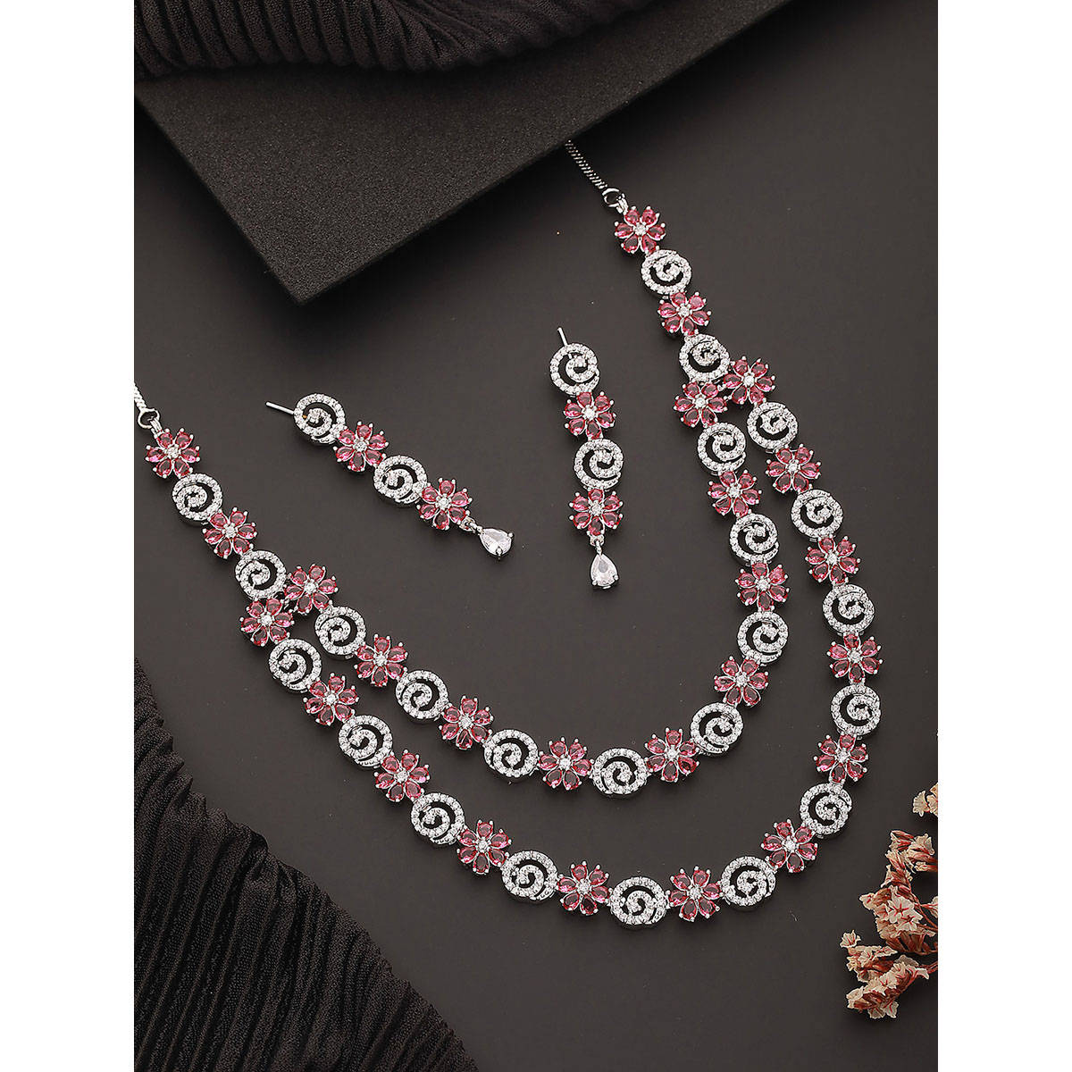 Aatmana Rhodium-Plated American Diamond Studded and Stone Beaded Layered Jewellery Set