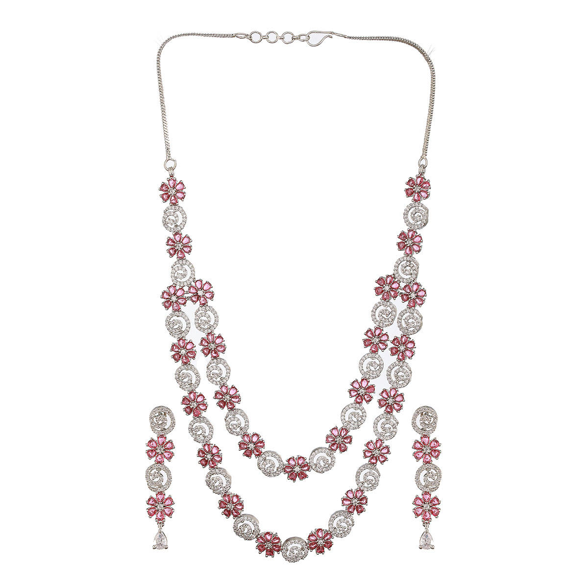 Aatmana Rhodium-Plated American Diamond Studded and Stone Beaded Layered Jewellery Set