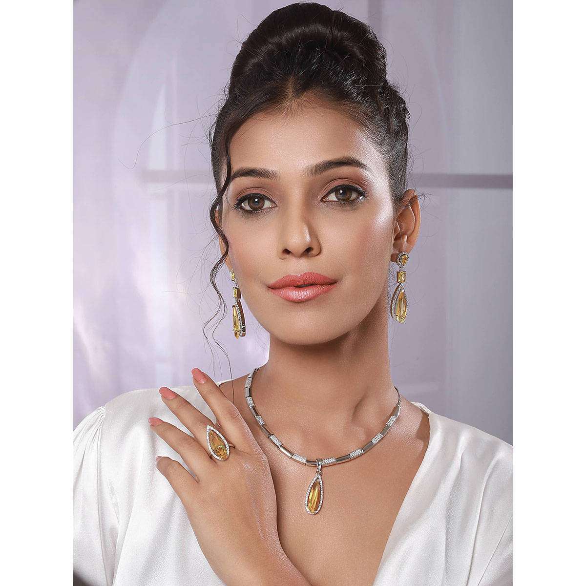 Aatmana Rhodium Plated American Diamond Jewellery Set