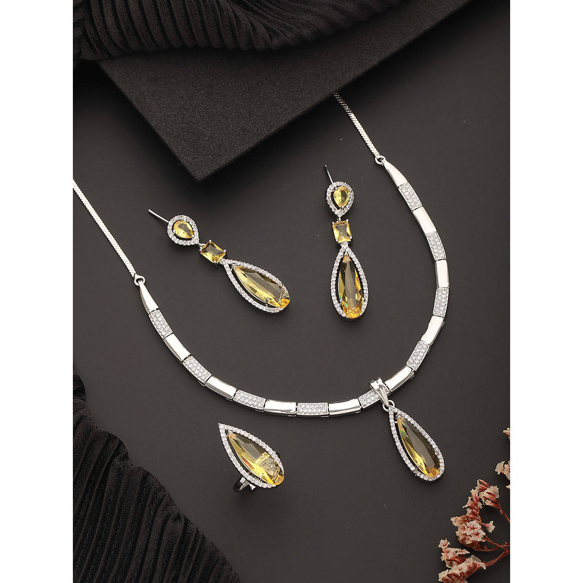 Aatmana Rhodium Plated American Diamond Jewellery Set