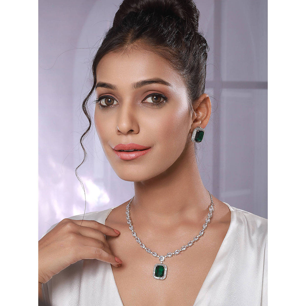 Aatmana Rhodium-Plated Green American Diamond Studded Handcrafted Jewellery Set