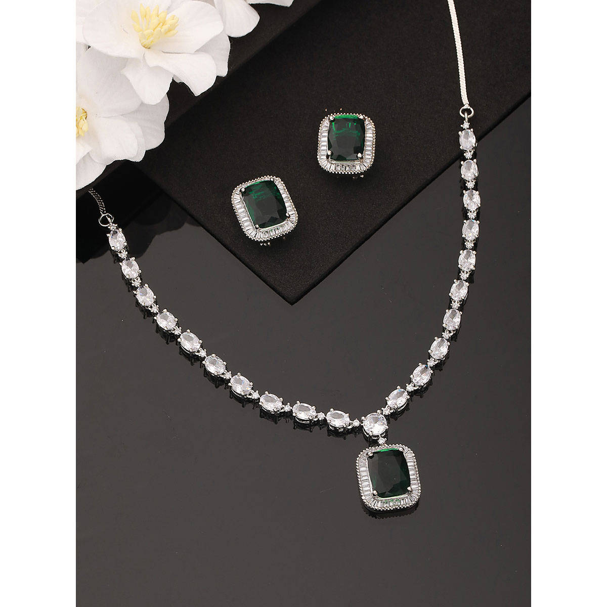 Aatmana Rhodium-Plated Green American Diamond Studded Handcrafted Jewellery Set