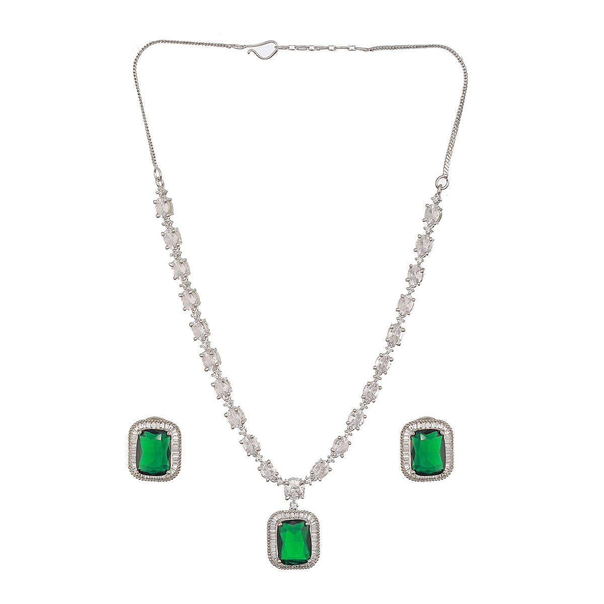 Aatmana Rhodium-Plated Green American Diamond Studded Handcrafted Jewellery Set