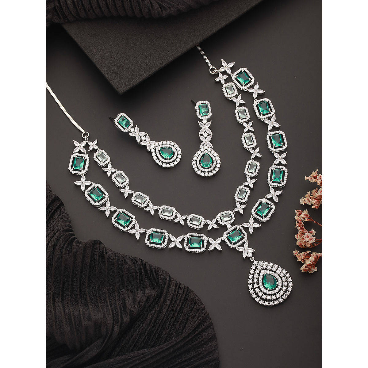 Aatmana Rhodium-Plated Green Toned American Diamond-Studded Layered Jewellery Set