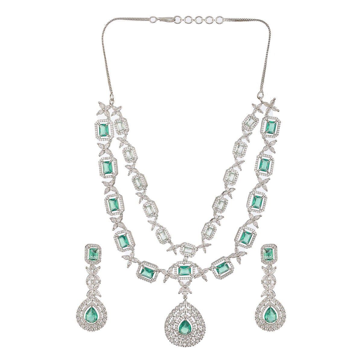 Aatmana Rhodium-Plated Green Toned American Diamond-Studded Layered Jewellery Set
