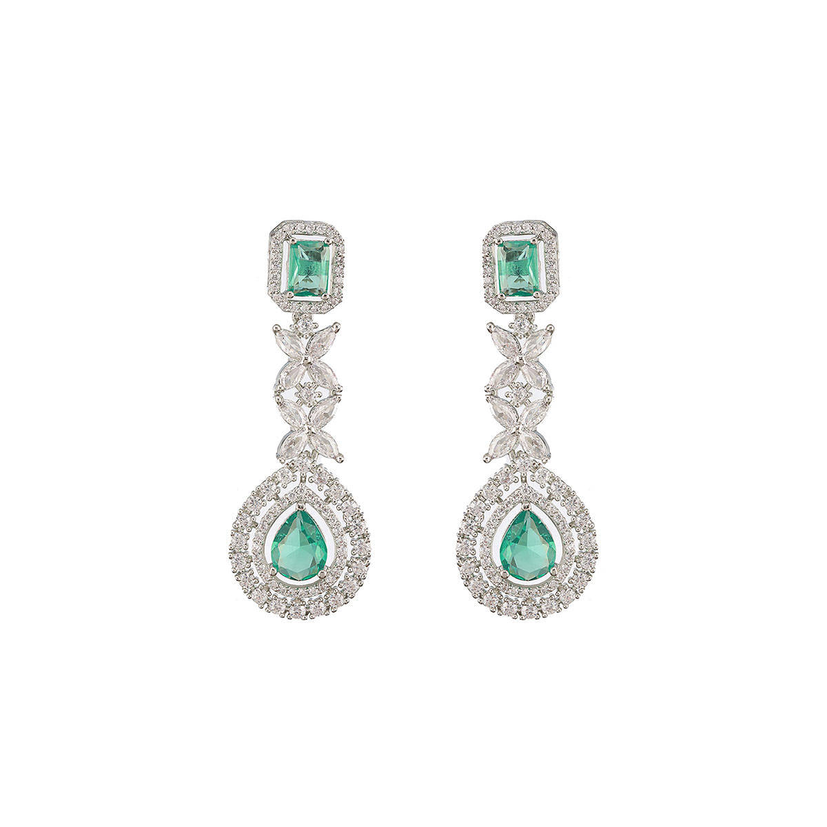 Aatmana Rhodium-Plated Green Toned American Diamond-Studded Layered Jewellery Set