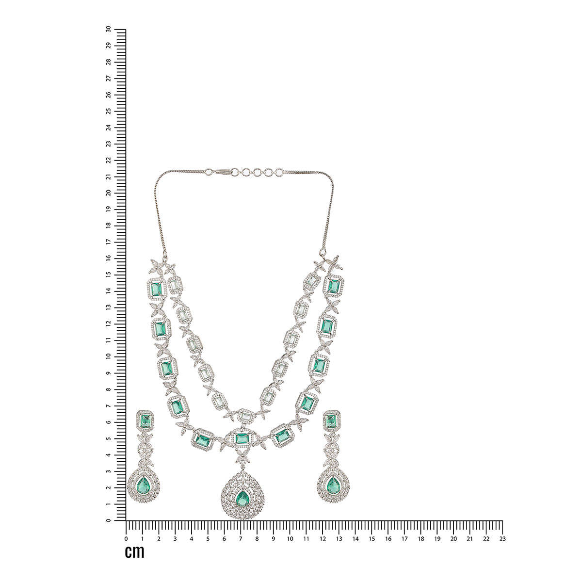 Aatmana Rhodium-Plated Green Toned American Diamond-Studded Layered Jewellery Set