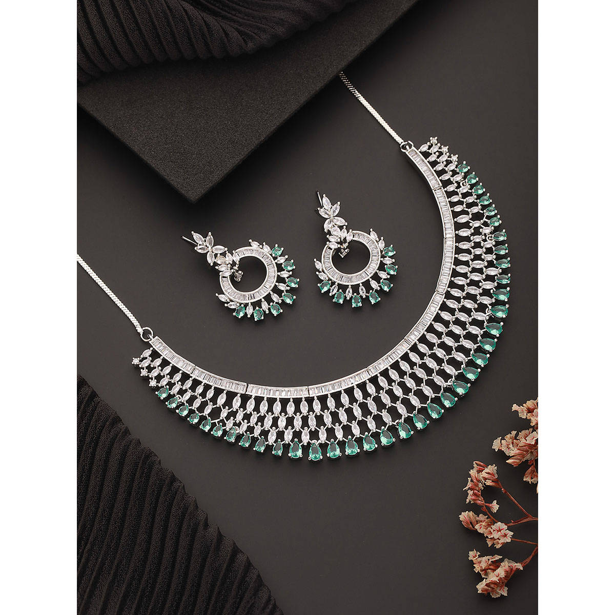 Aatmana Silver Plated Green Ad and Cz-Studded Contemporary Jewellery Set