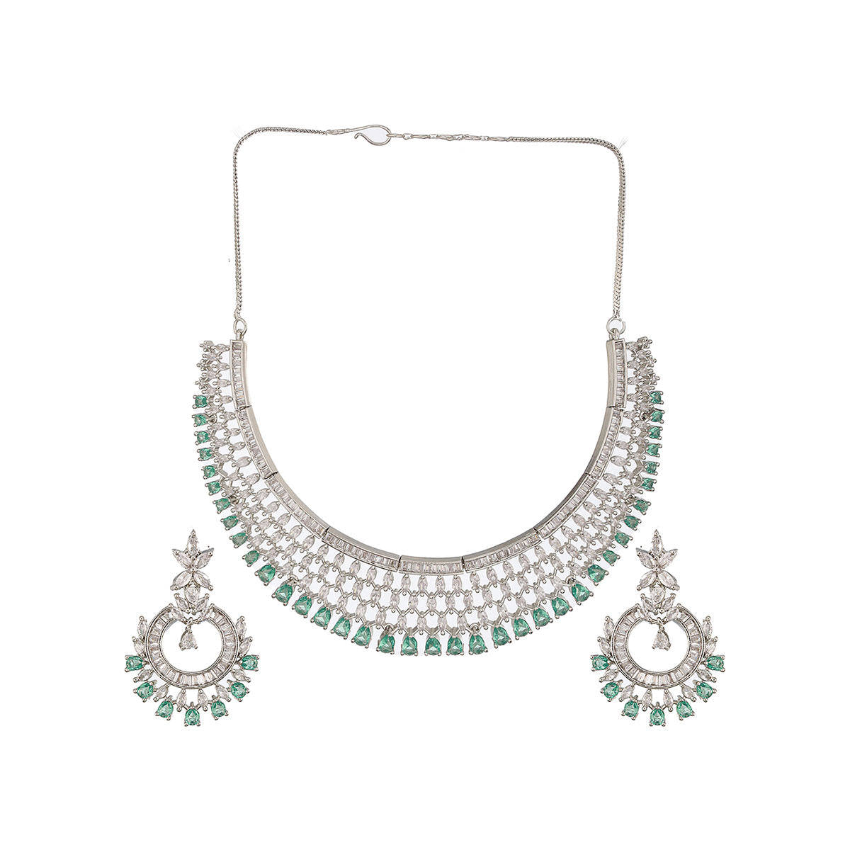 Aatmana Silver Plated Green Ad and Cz-Studded Contemporary Jewellery Set