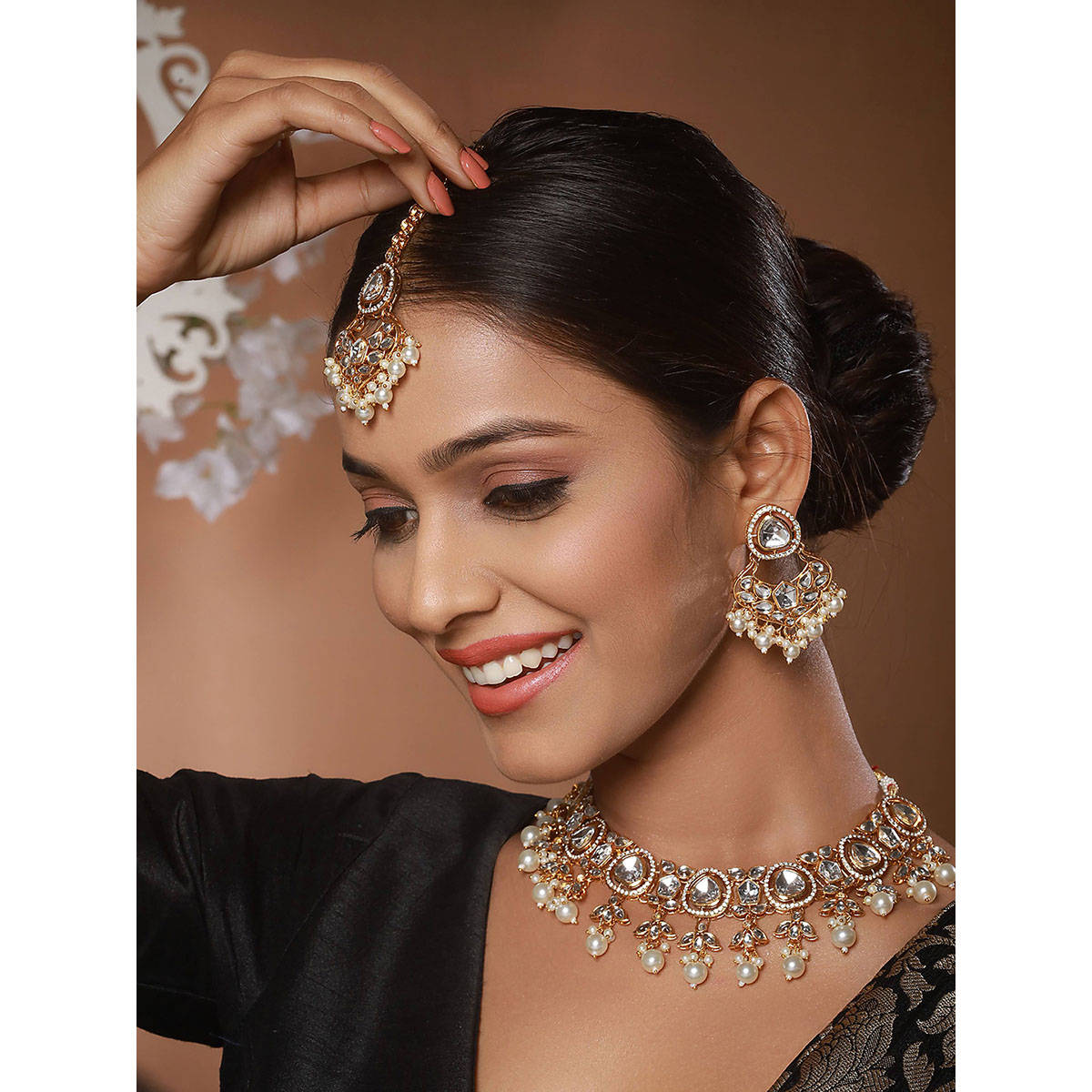 Aatmana Gold Plated Zircon Stone Studded and Pearl Beaded Jewellery Set