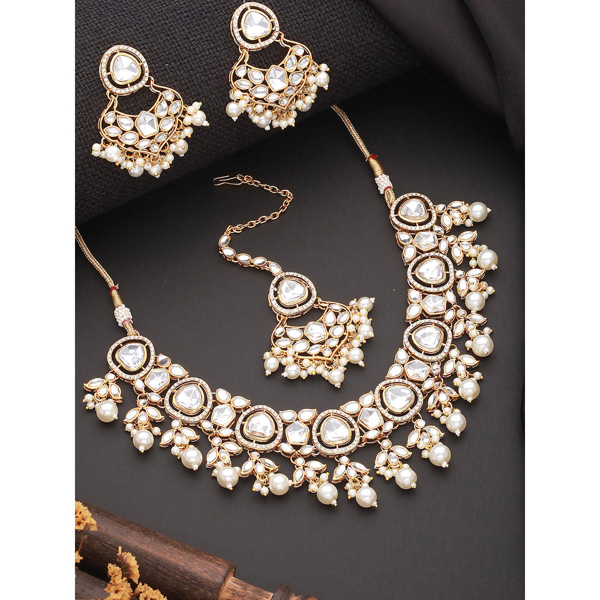 Aatmana Gold Plated Zircon Stone Studded and Pearl Beaded Jewellery Set