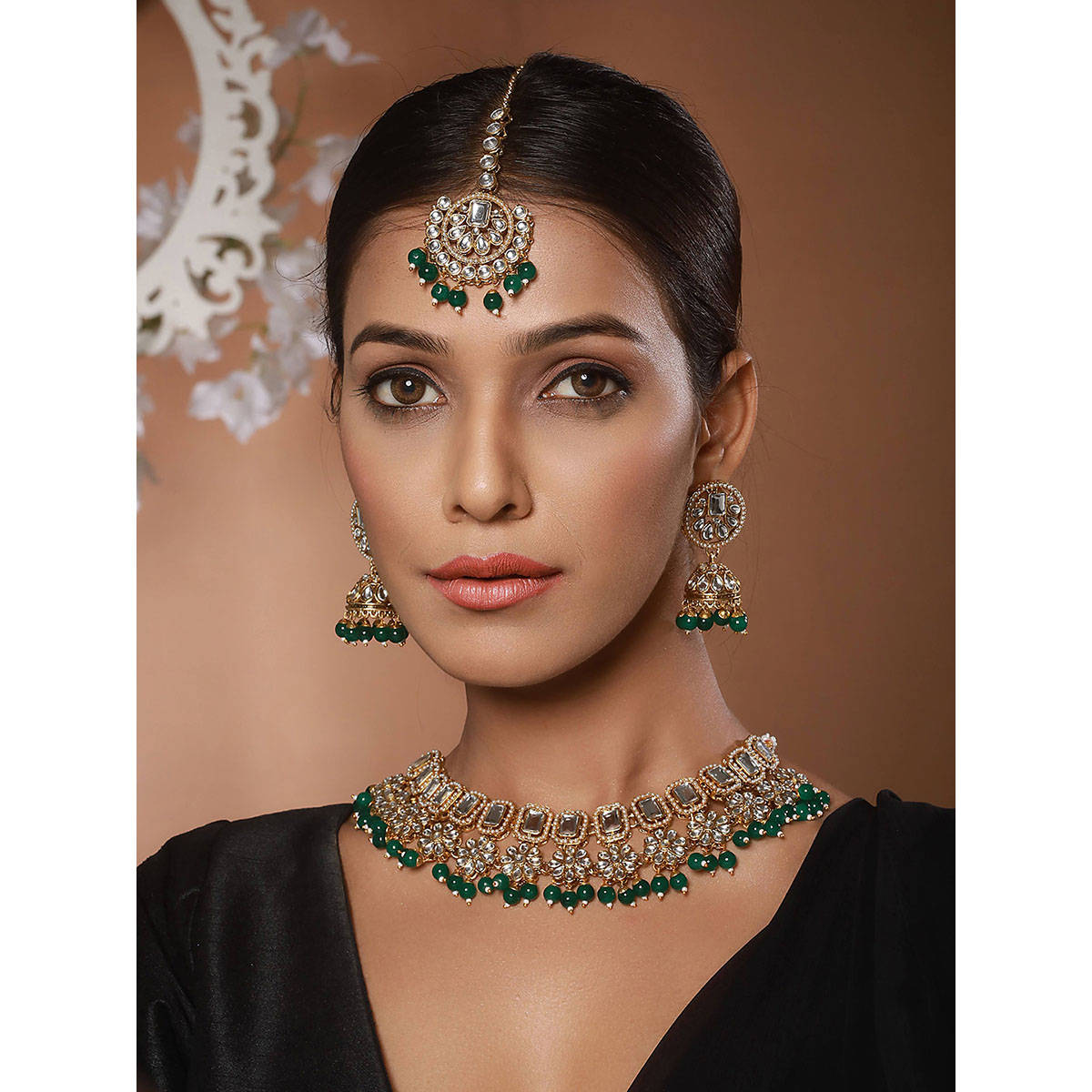 Aatmana Gold Plated and Kundan Studded Green Jewellery Set with Maangtikka