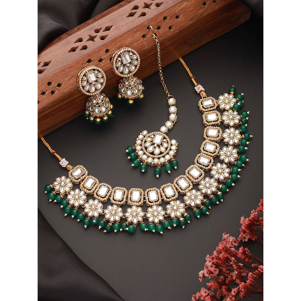 Aatmana Gold Plated and Kundan Studded Green Jewellery Set with Maangtikka
