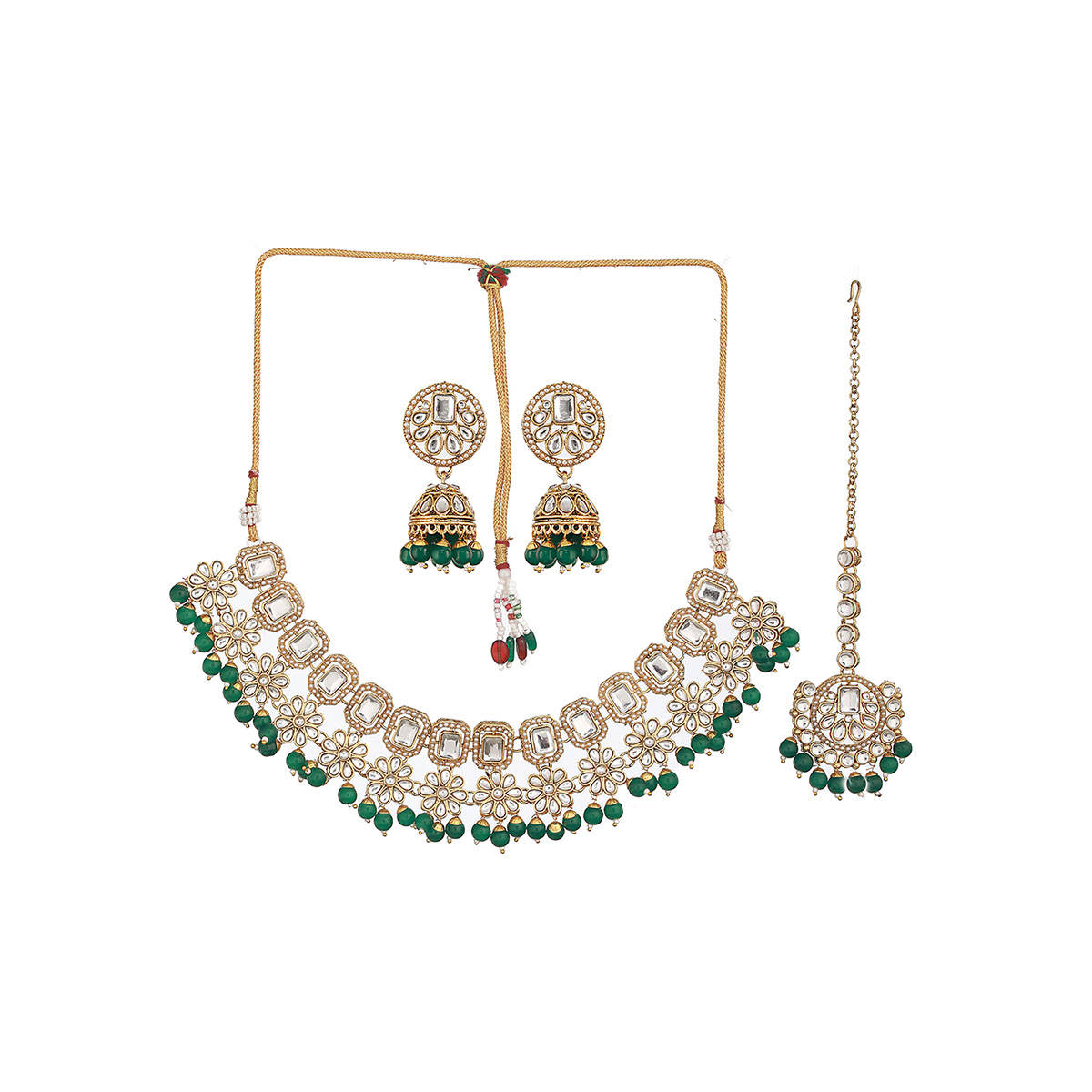 Aatmana Gold Plated and Kundan Studded Green Jewellery Set with Maangtikka