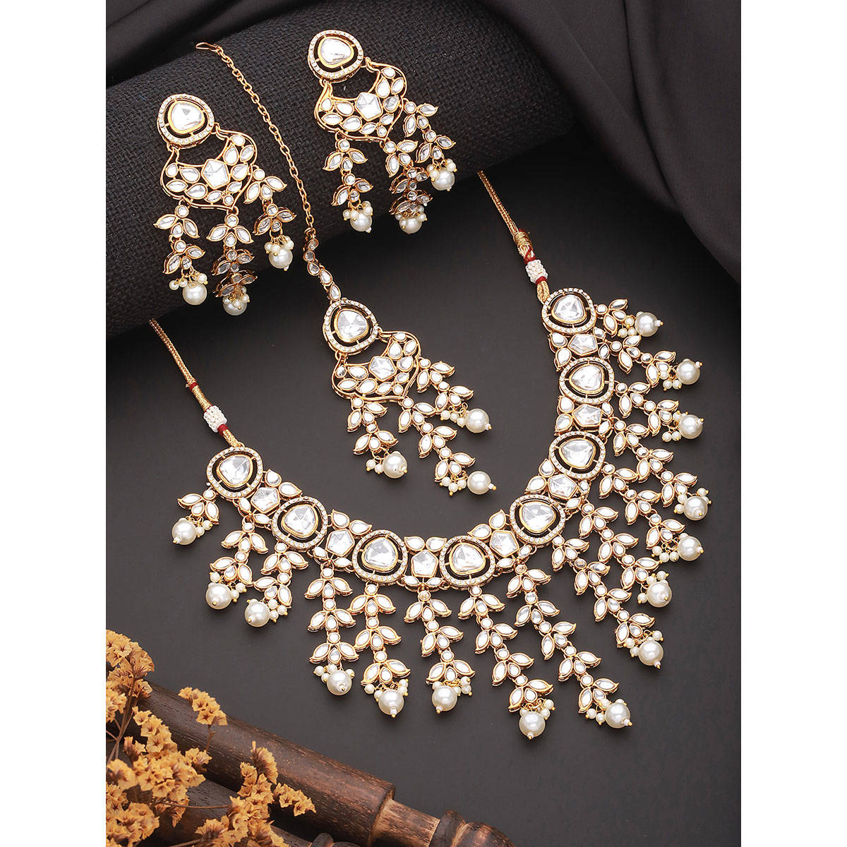 Aatmana Gold Plated Zircon Stone Studded and Pearl Beaded Jewellery Set