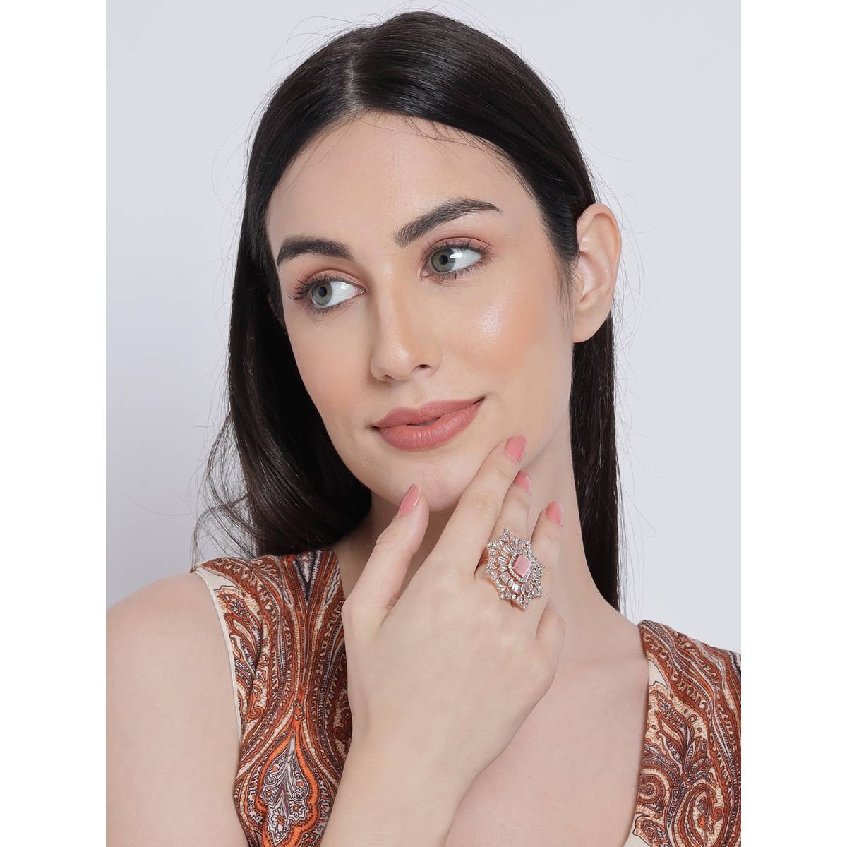 Aatmana Rose Gold Plated Pink Ruby and White AD Studded Handcrafted Adjustable Finger Ring