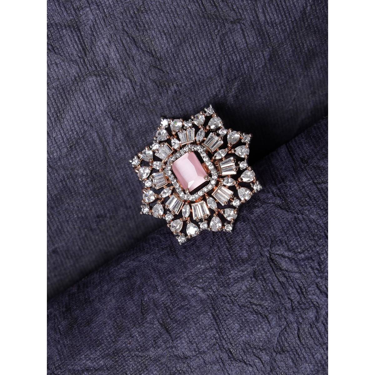 Aatmana Rose Gold Plated Pink Ruby and White AD Studded Handcrafted Adjustable Finger Ring