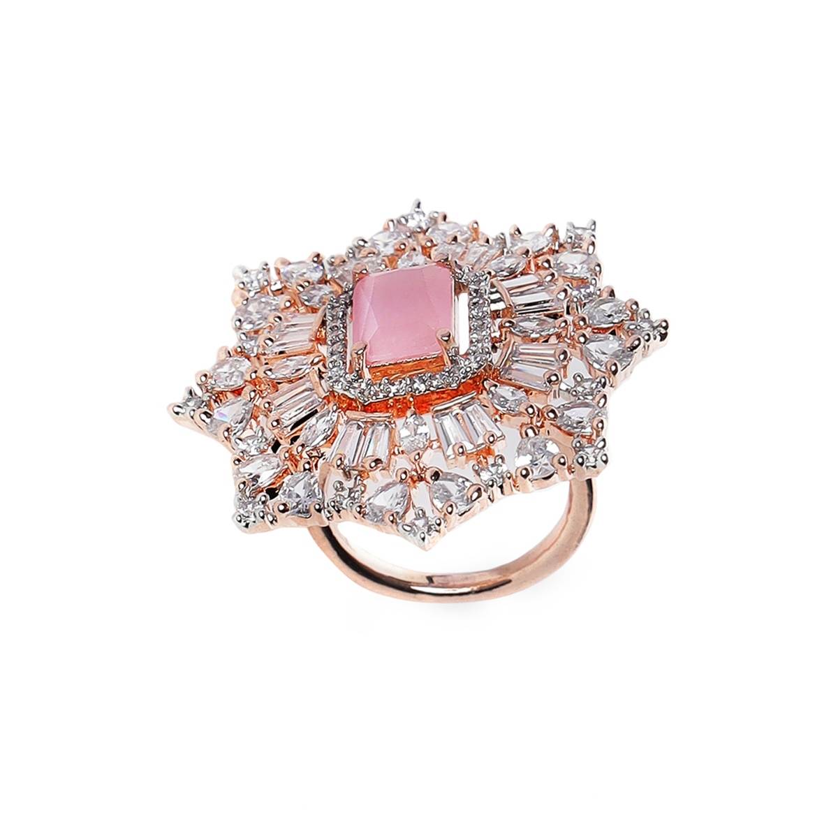 Aatmana Rose Gold Plated Pink Ruby and White AD Studded Handcrafted Adjustable Finger Ring
