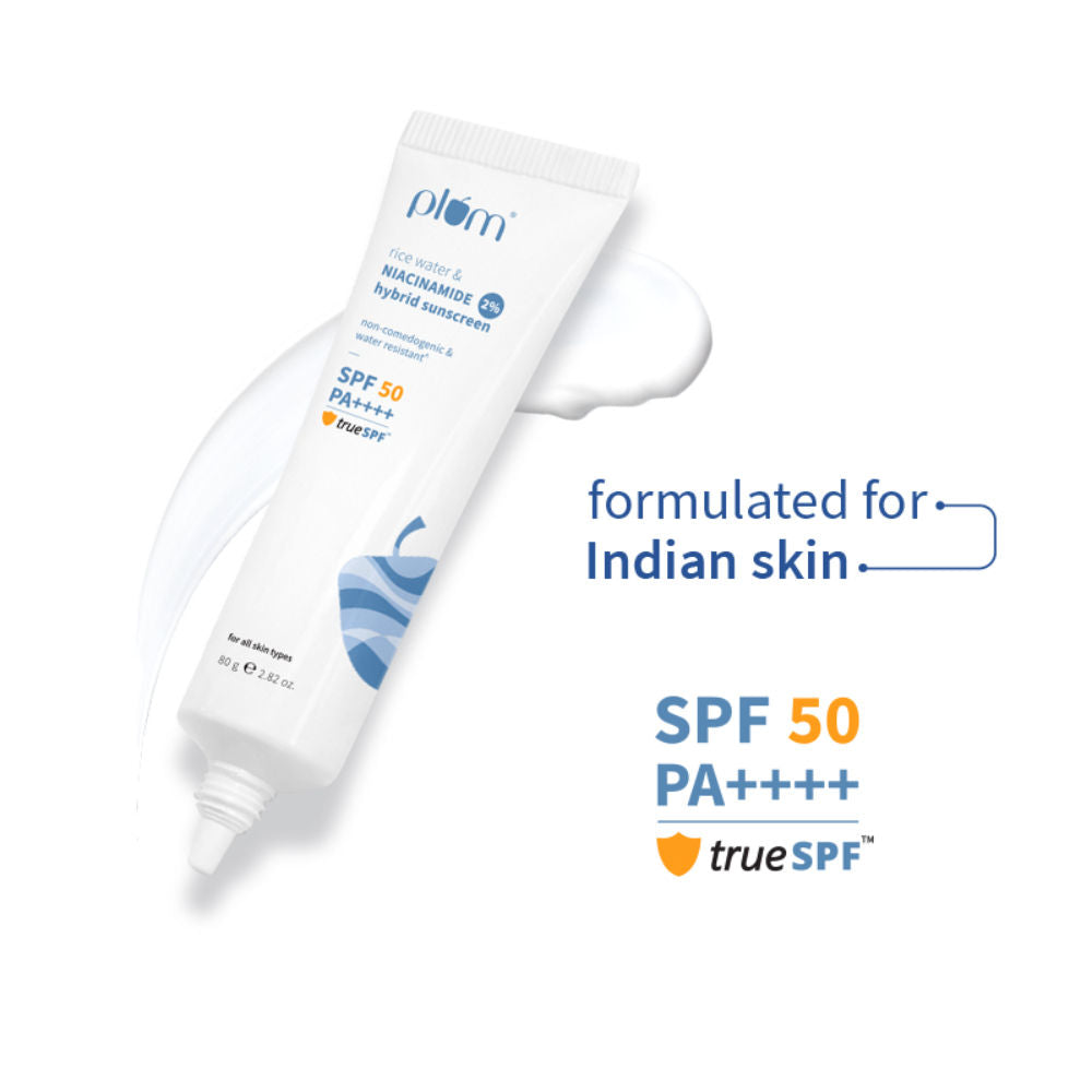 Plum 2% Niacinamide & Rice Water SPF 50 PA+++ Sunscreen, Fades Tan, For Oily To Dry Skin Type (80g)