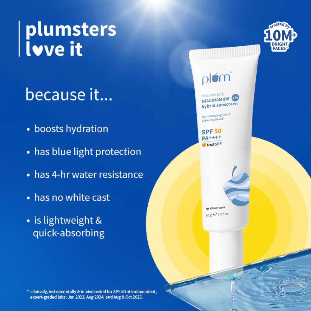 Plum 2% Niacinamide & Rice Water SPF 50 PA+++ Sunscreen, Fades Tan, For Oily To Dry Skin Type (80g)