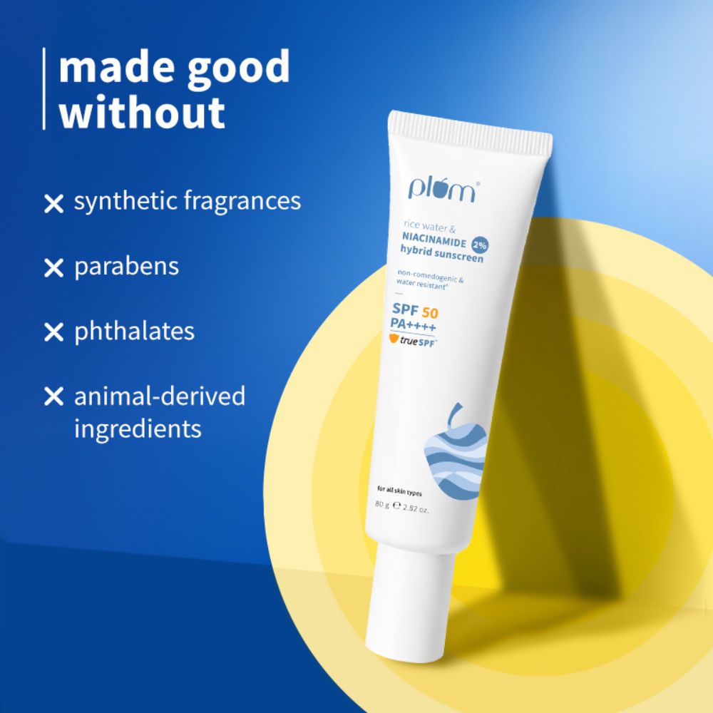 Plum 2% Niacinamide & Rice Water SPF 50 PA+++ Sunscreen, Fades Tan, For Oily To Dry Skin Type (80g)