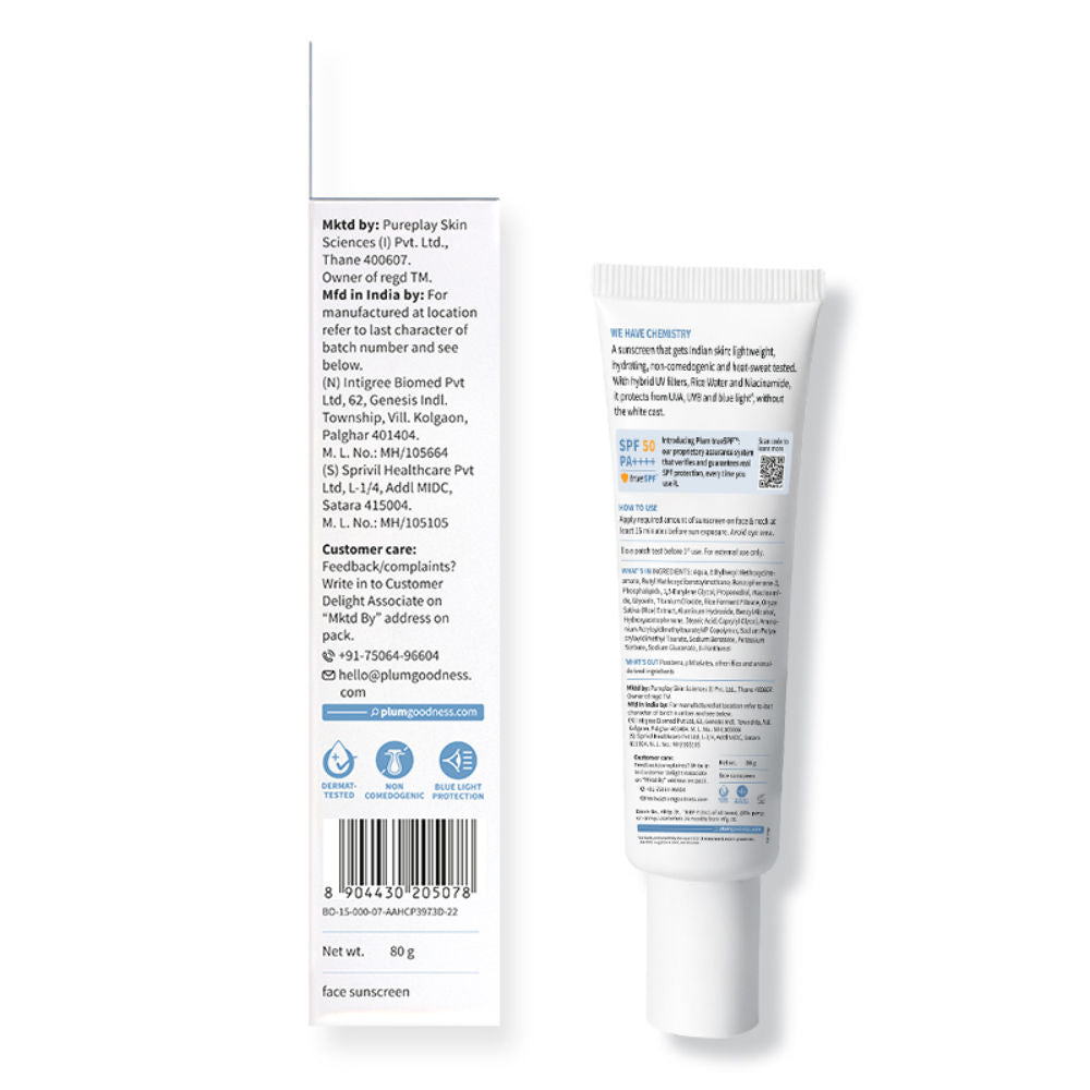 Plum 2% Niacinamide & Rice Water SPF 50 PA+++ Sunscreen, Fades Tan, For Oily To Dry Skin Type (80g)