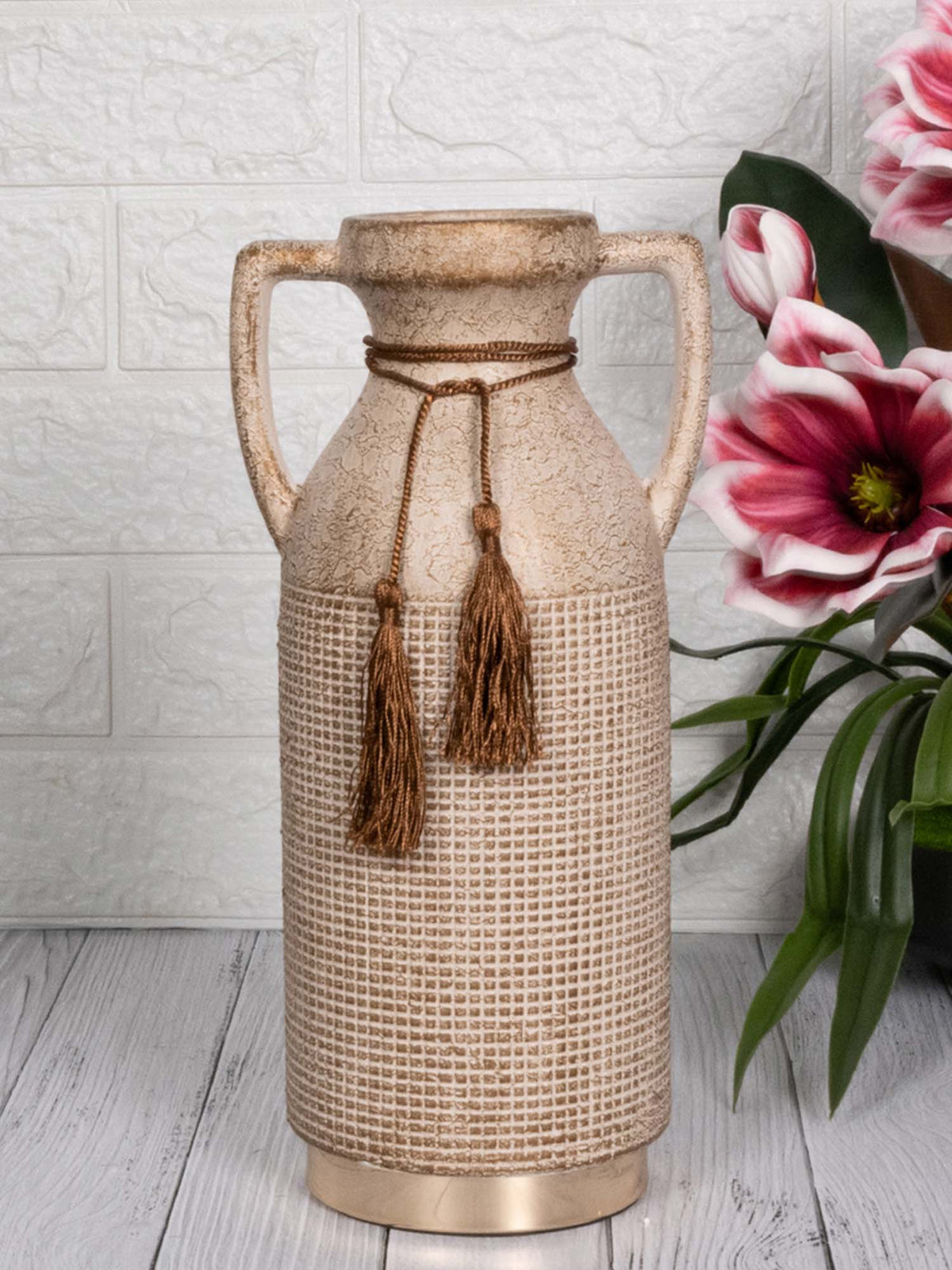 Aarvi Decor Beige Antique Vintage Rustic Charm Ceramic Amphora Shaped Vase