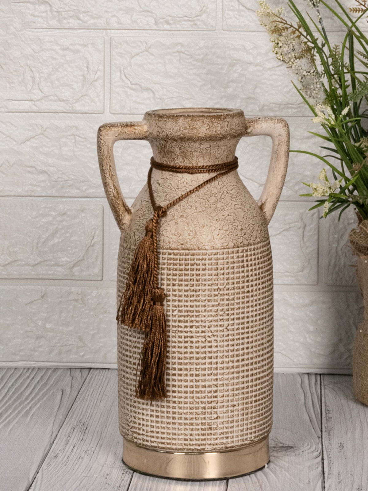 Aarvi Decor Beige Antique Vintage Rustic Charm Ceramic Amphora Shaped Vase