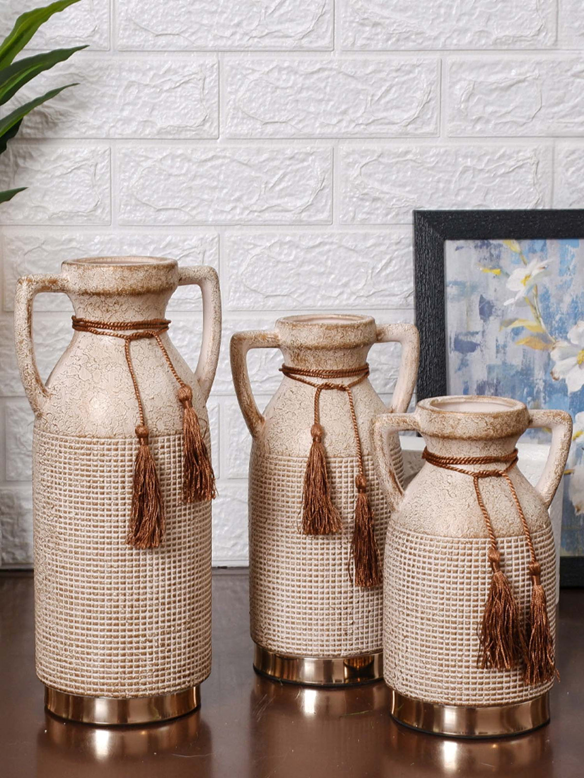Aarvi Decor Beige Antique Vintage Rustic Charm Ceramic Amphora Shaped Vase