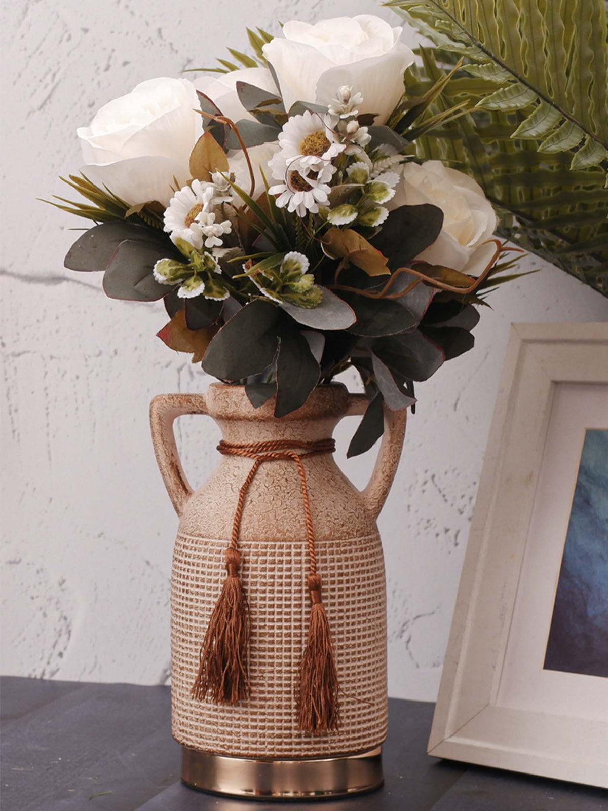Aarvi Decor Beige Antique Vintage Rustic Charm Ceramic Amphora Shaped Vase