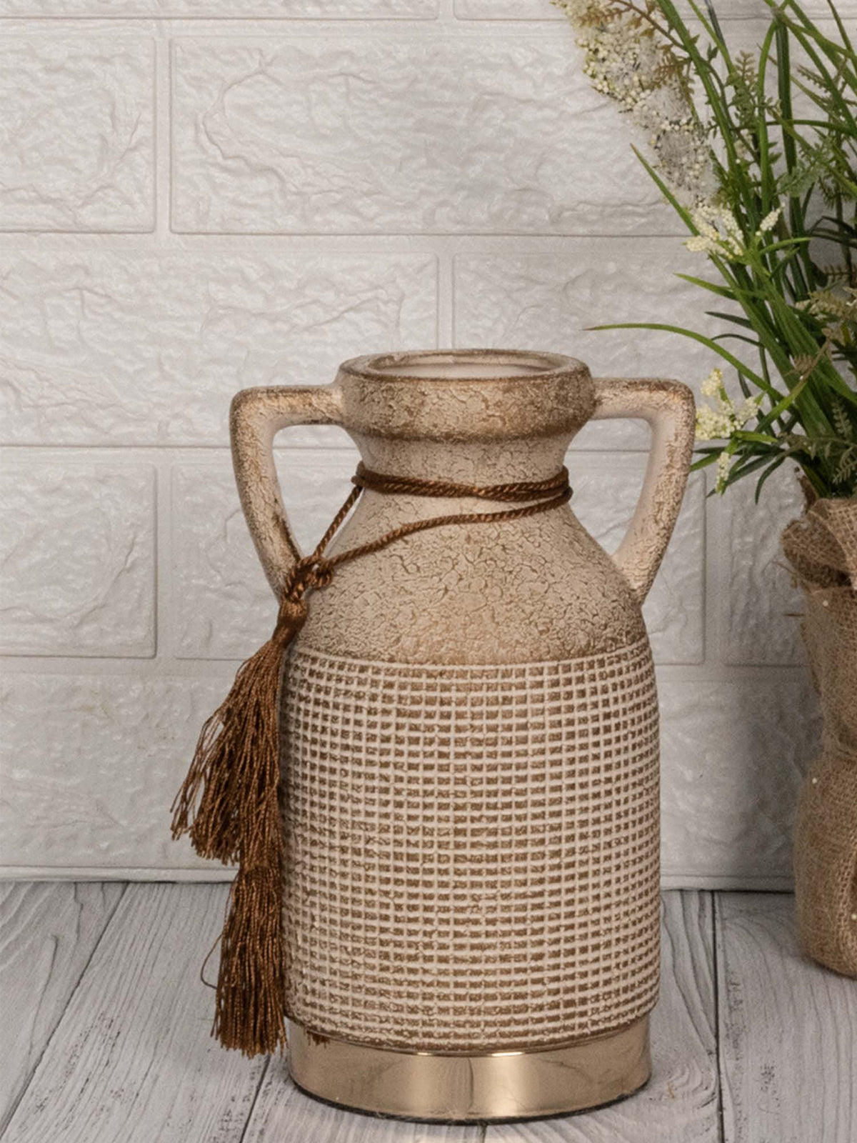 Aarvi Decor Beige Antique Vintage Rustic Charm Ceramic Amphora Shaped Vase