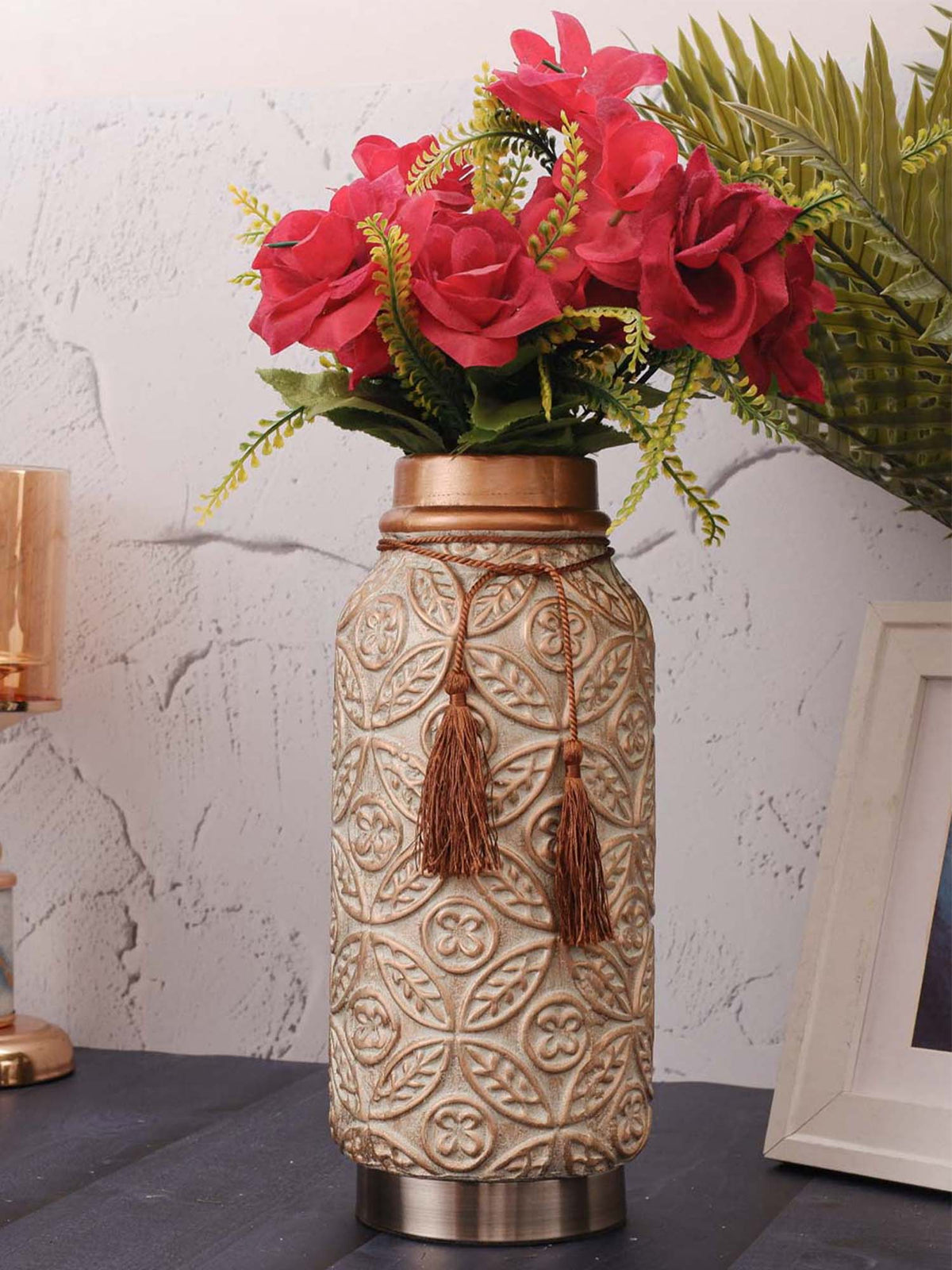 Aarvi Decor Beige Vintage Inspired Ceramic Cylindrical Shaped Vase