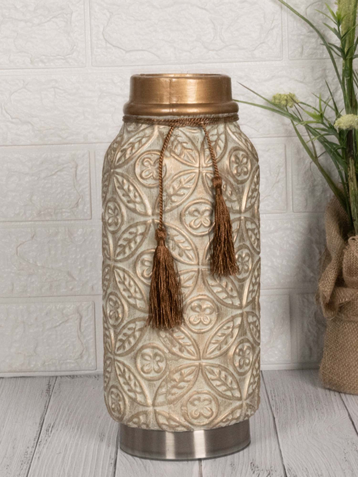 Aarvi Decor Beige Vintage Inspired Ceramic Cylindrical Shaped Vase