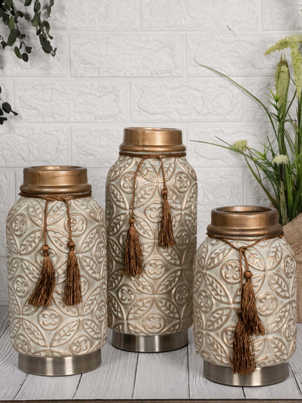 Aarvi Decor Beige Vintage Inspired Ceramic Cylindrical Shaped Vase