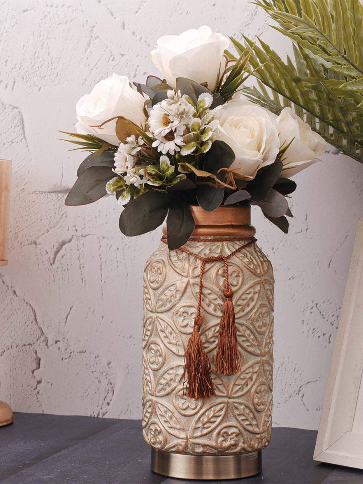 Aarvi Decor Beige Vintage Inspired Ceramic Cylindrical Shaped Vase
