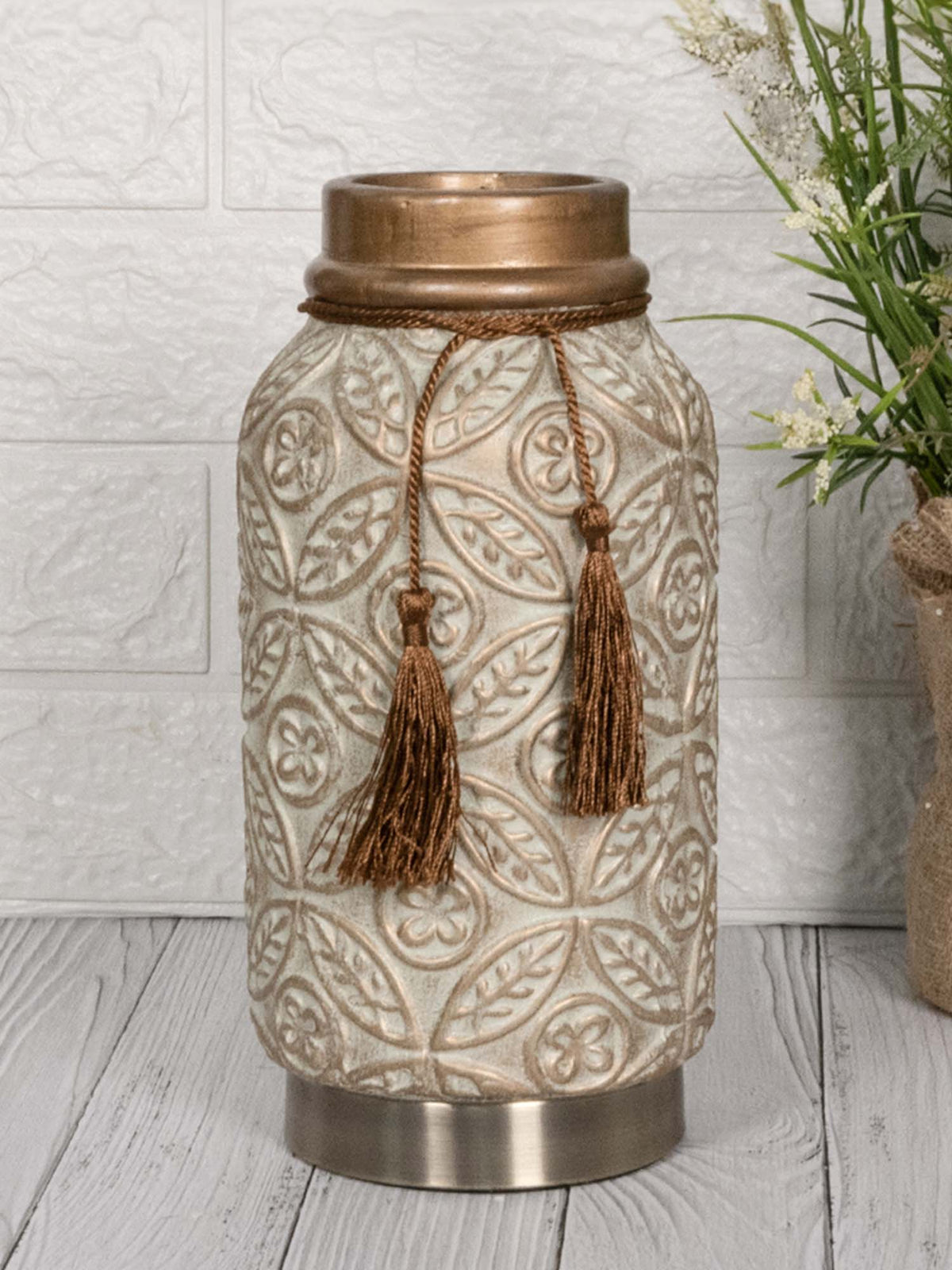 Aarvi Decor Beige Vintage Inspired Ceramic Cylindrical Shaped Vase