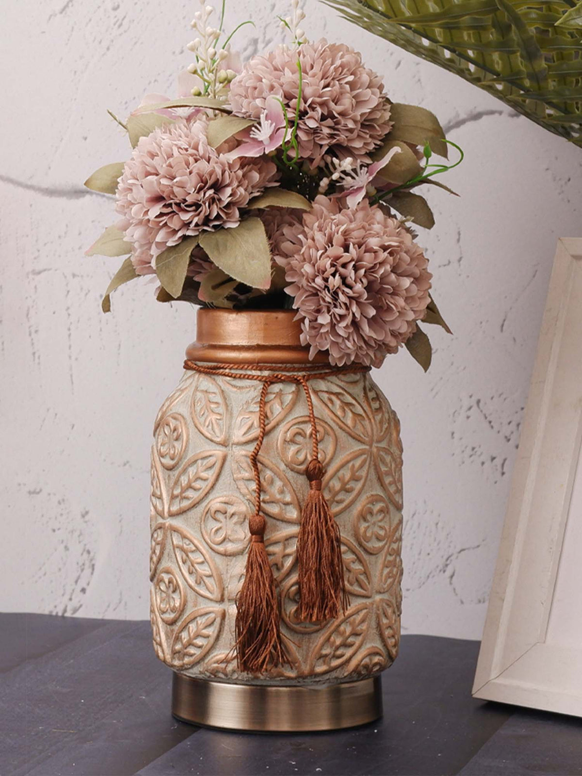 Aarvi Decor Beige Vintage Inspired Ceramic Cylindrical Shaped Vase