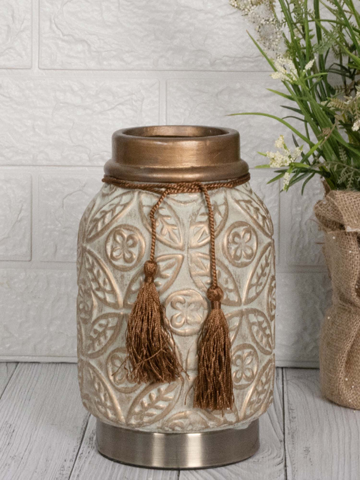 Aarvi Decor Beige Vintage Inspired Ceramic Cylindrical Shaped Vase