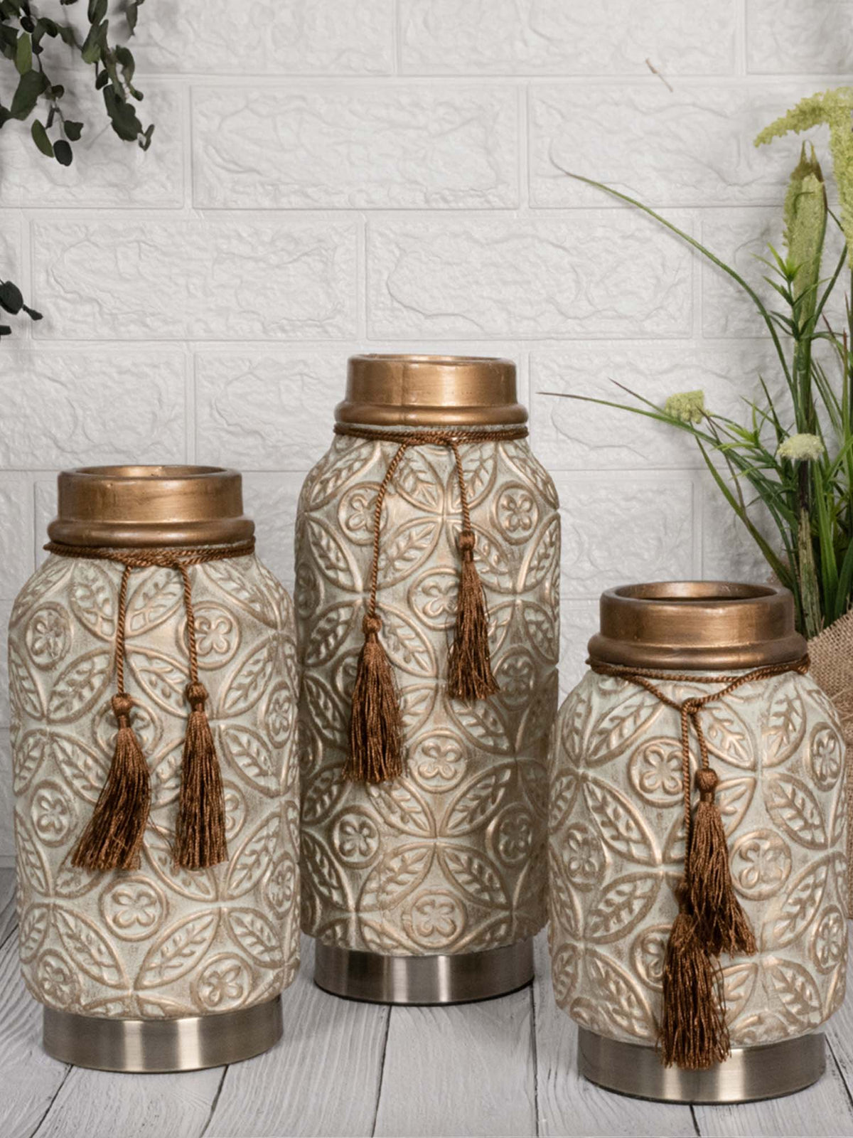 Aarvi Decor Beige Vintage Inspired Ceramic Cylindrical Shaped Vase