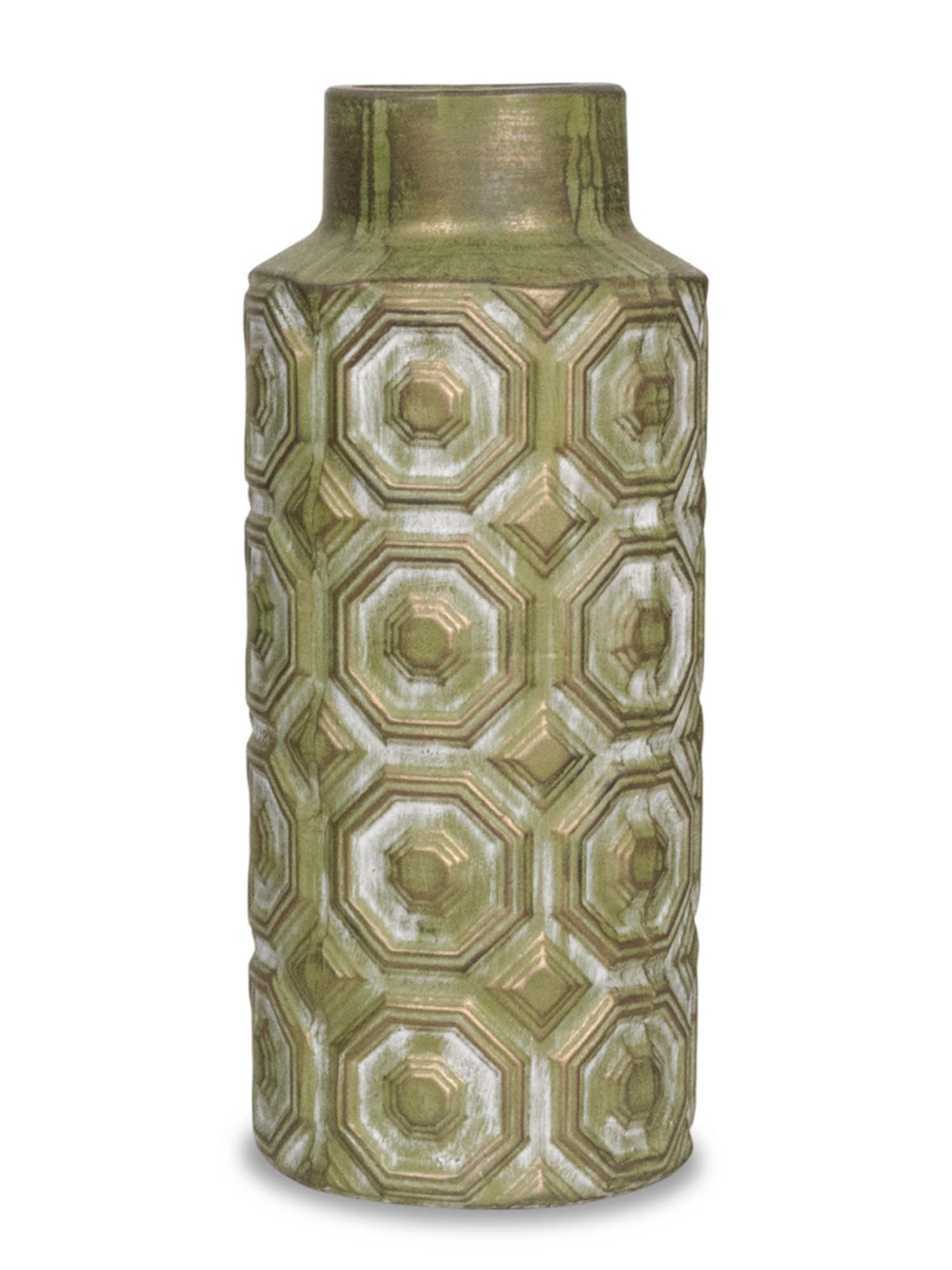 Aarvi Decor Olive Green Decorative Bold and Vintage Ceramic Cylindrical Shaped Vase