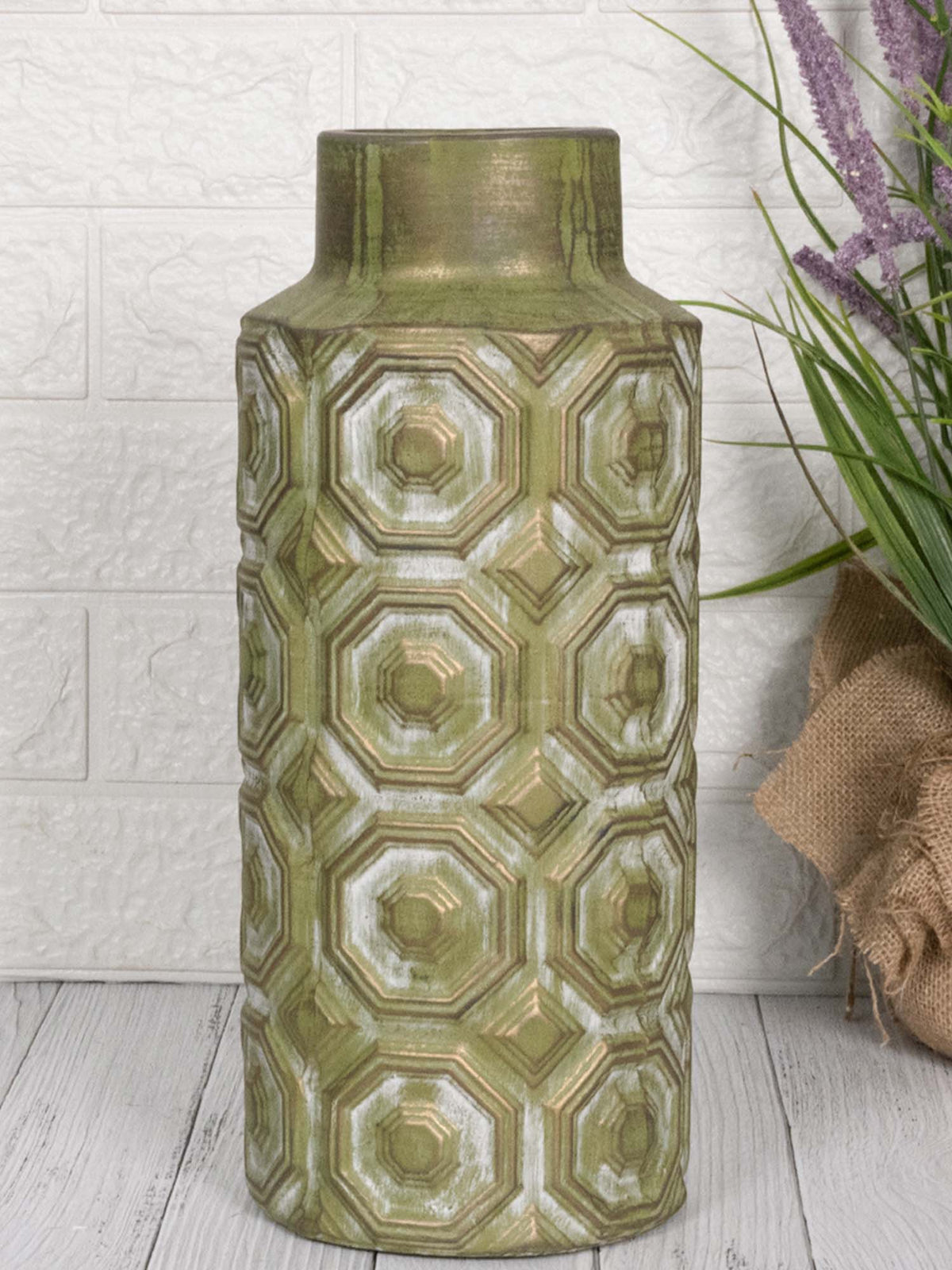 Aarvi Decor Olive Green Decorative Bold and Vintage Ceramic Cylindrical Shaped Vase