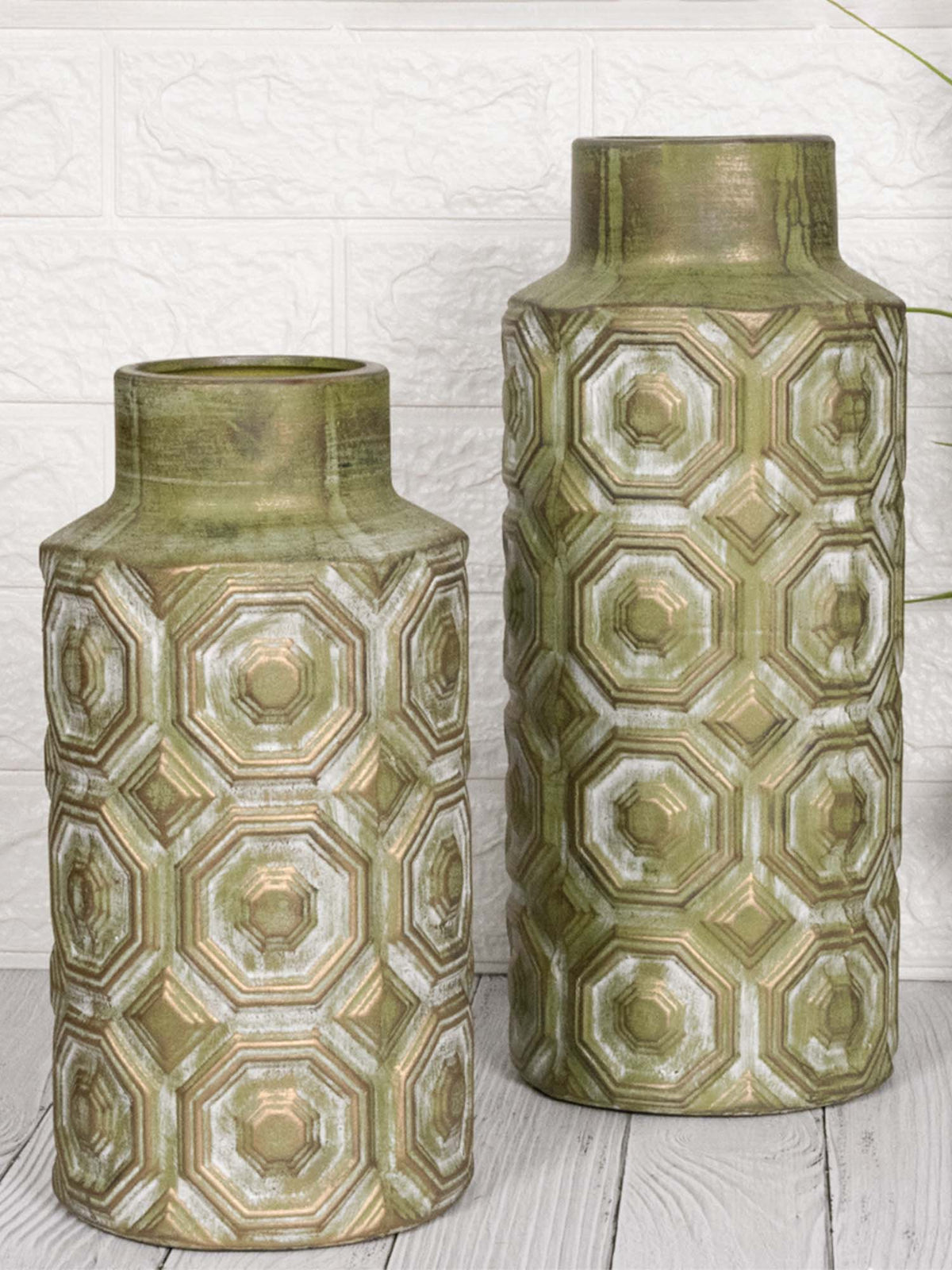 Aarvi Decor Olive Green Decorative Bold and Vintage Ceramic Cylindrical Shaped Vase