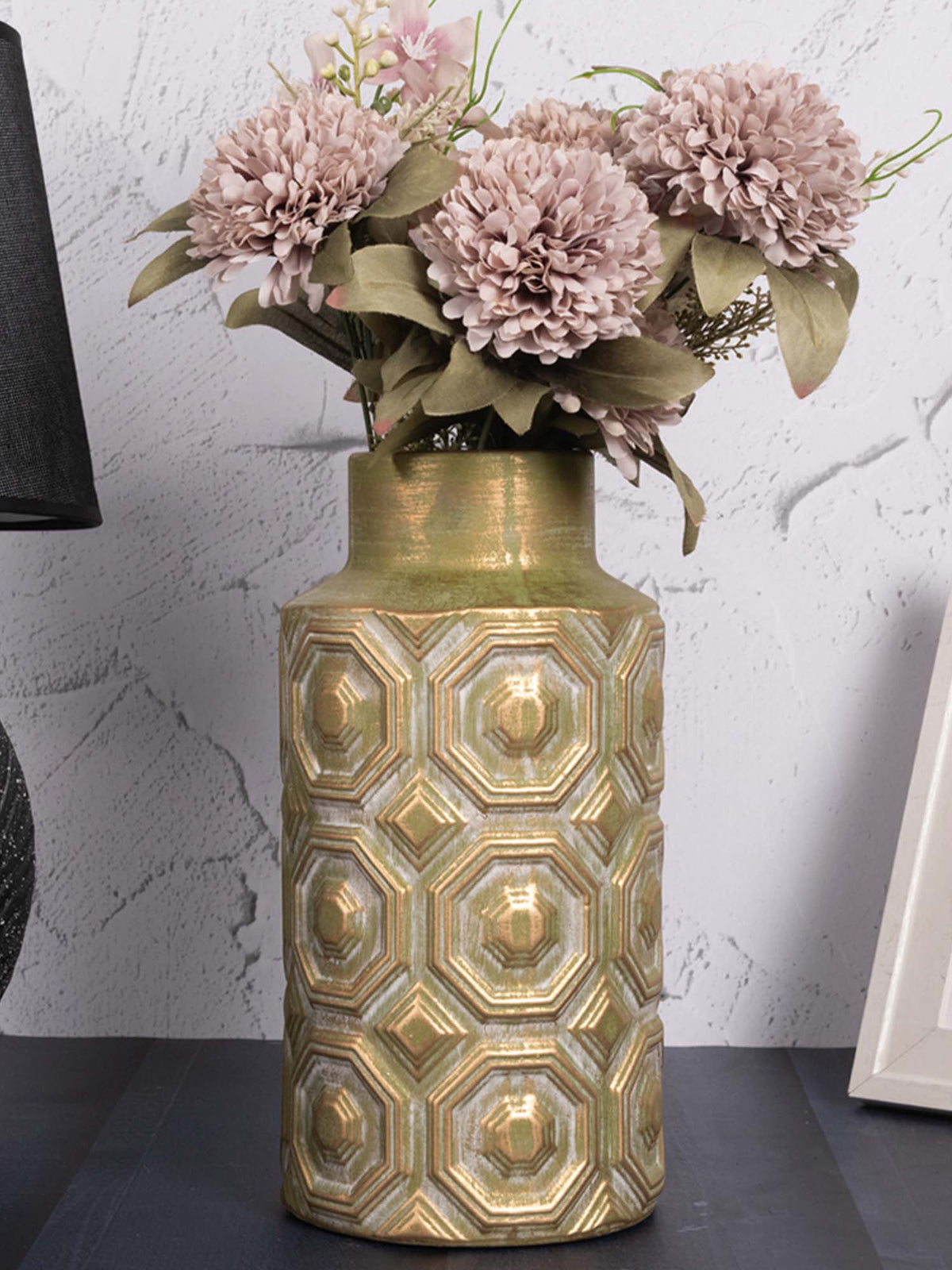 Aarvi Decor Olive Green Decorative Bold and Vintage Ceramic Cylindrical Shaped Vase