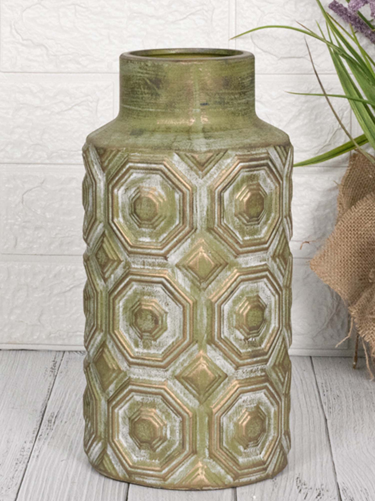 Aarvi Decor Olive Green Decorative Bold and Vintage Ceramic Cylindrical Shaped Vase