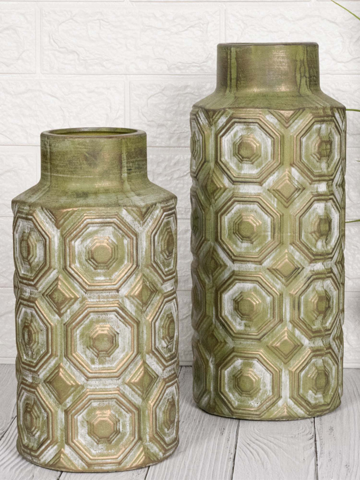 Aarvi Decor Olive Green Decorative Bold and Vintage Ceramic Cylindrical Shaped Vase